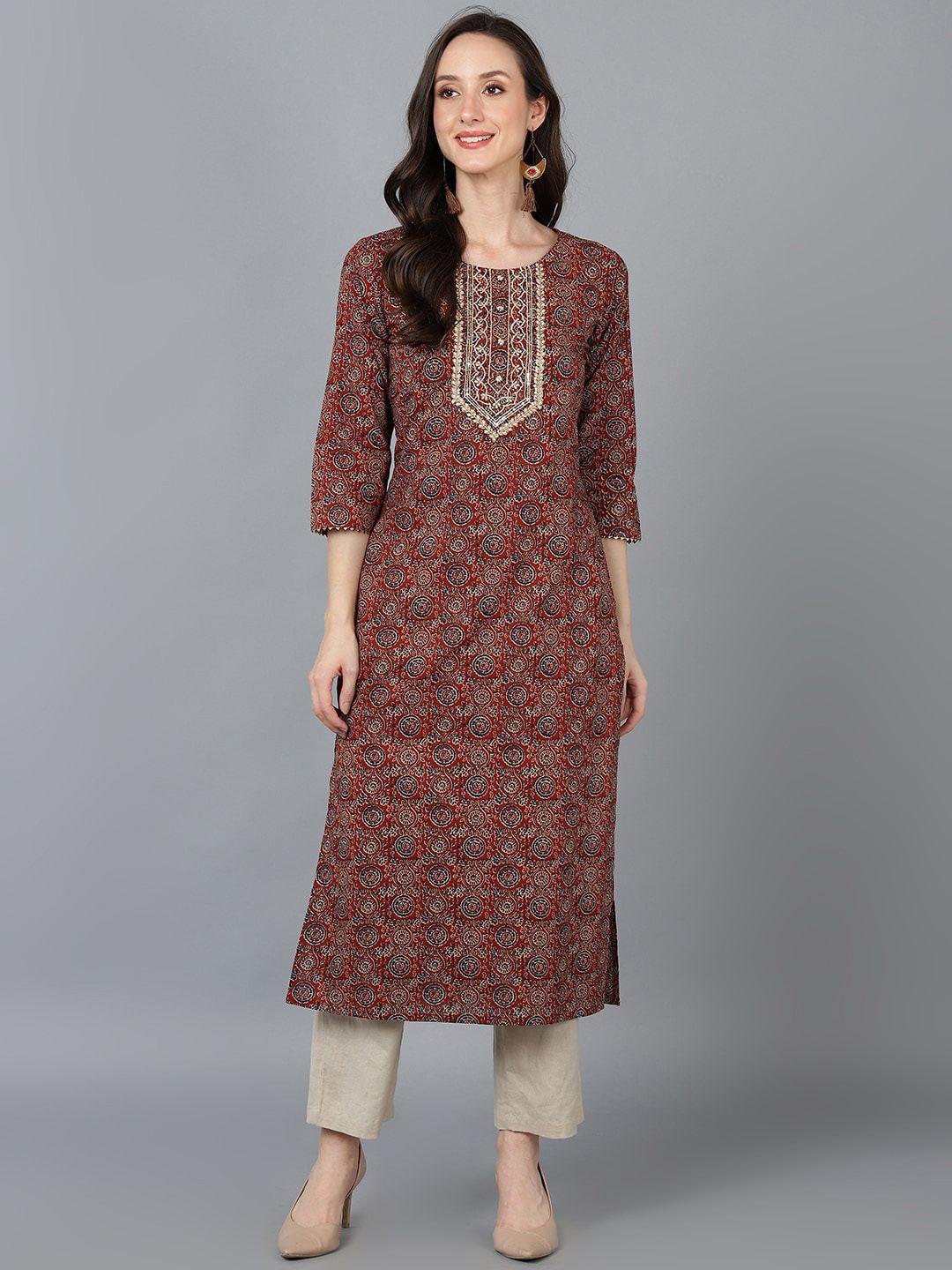 ahika women brown cotton ethnic motifs printed gotta patti kurta