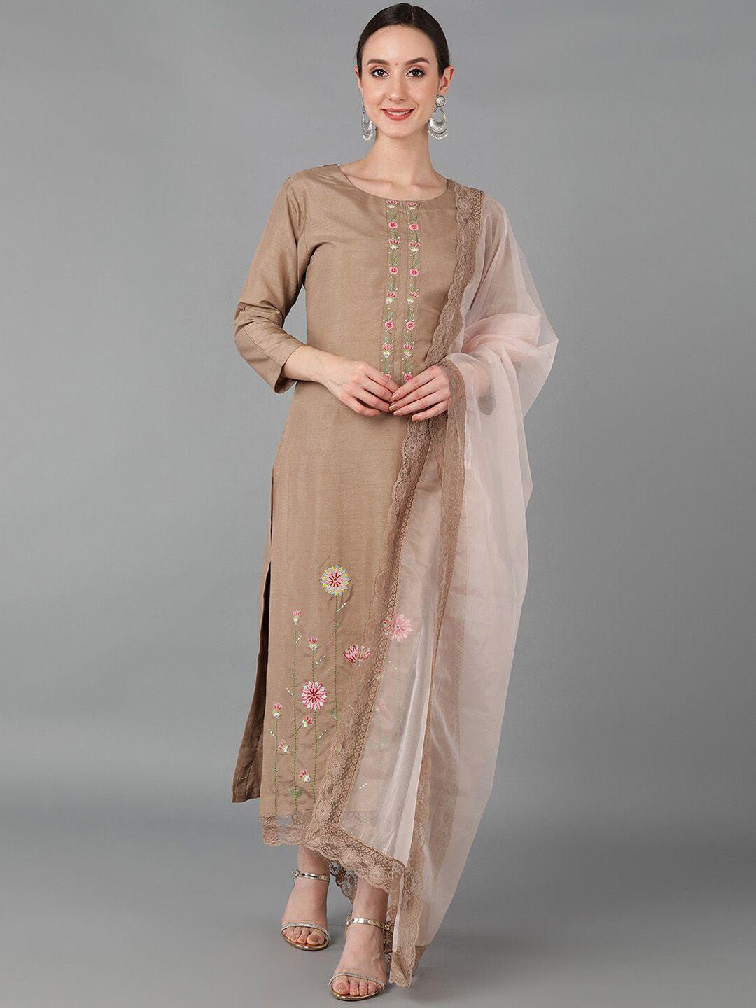 ahika women brown floral embroidered thread work kurta with trousers & dupatta
