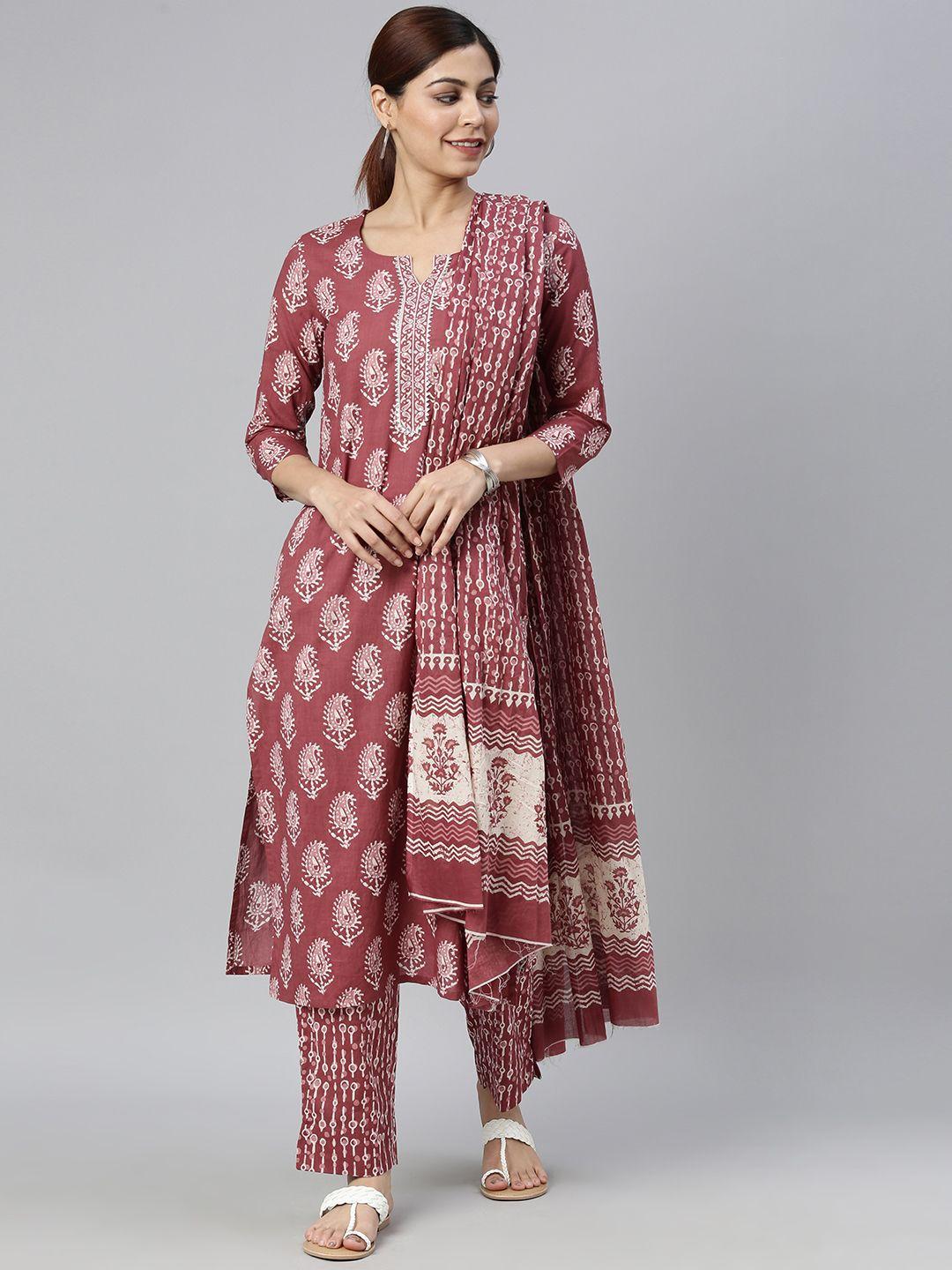 ahika women burgundy & off-white printed kurta with trousers & dupatta