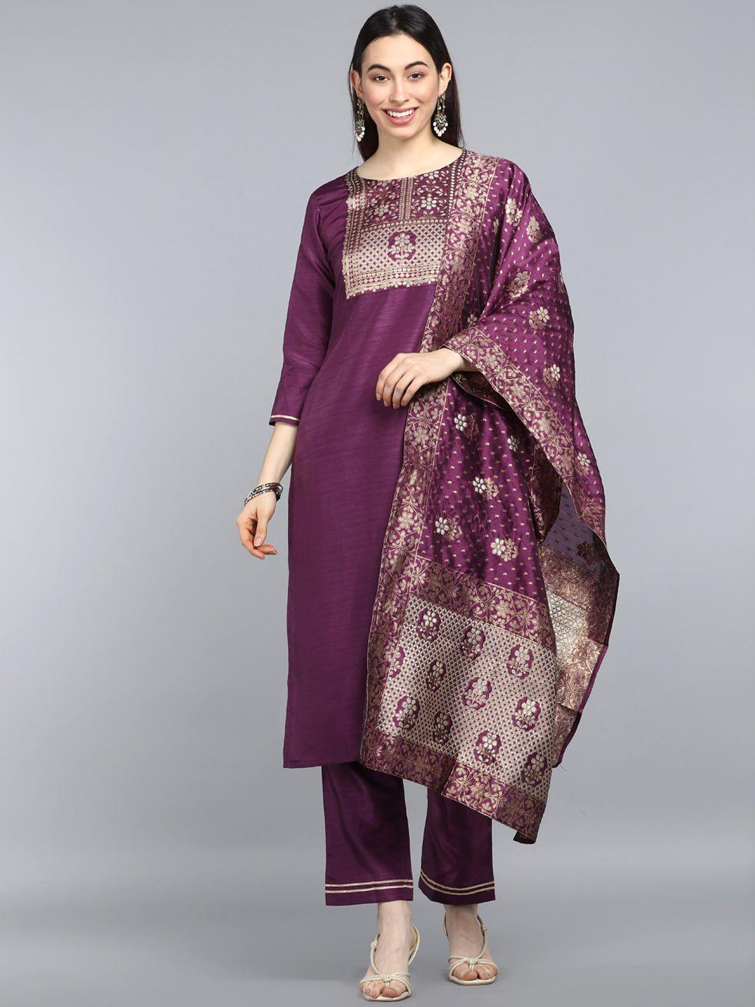 ahika women burgundy floral printed kurta with trousers & with dupatta