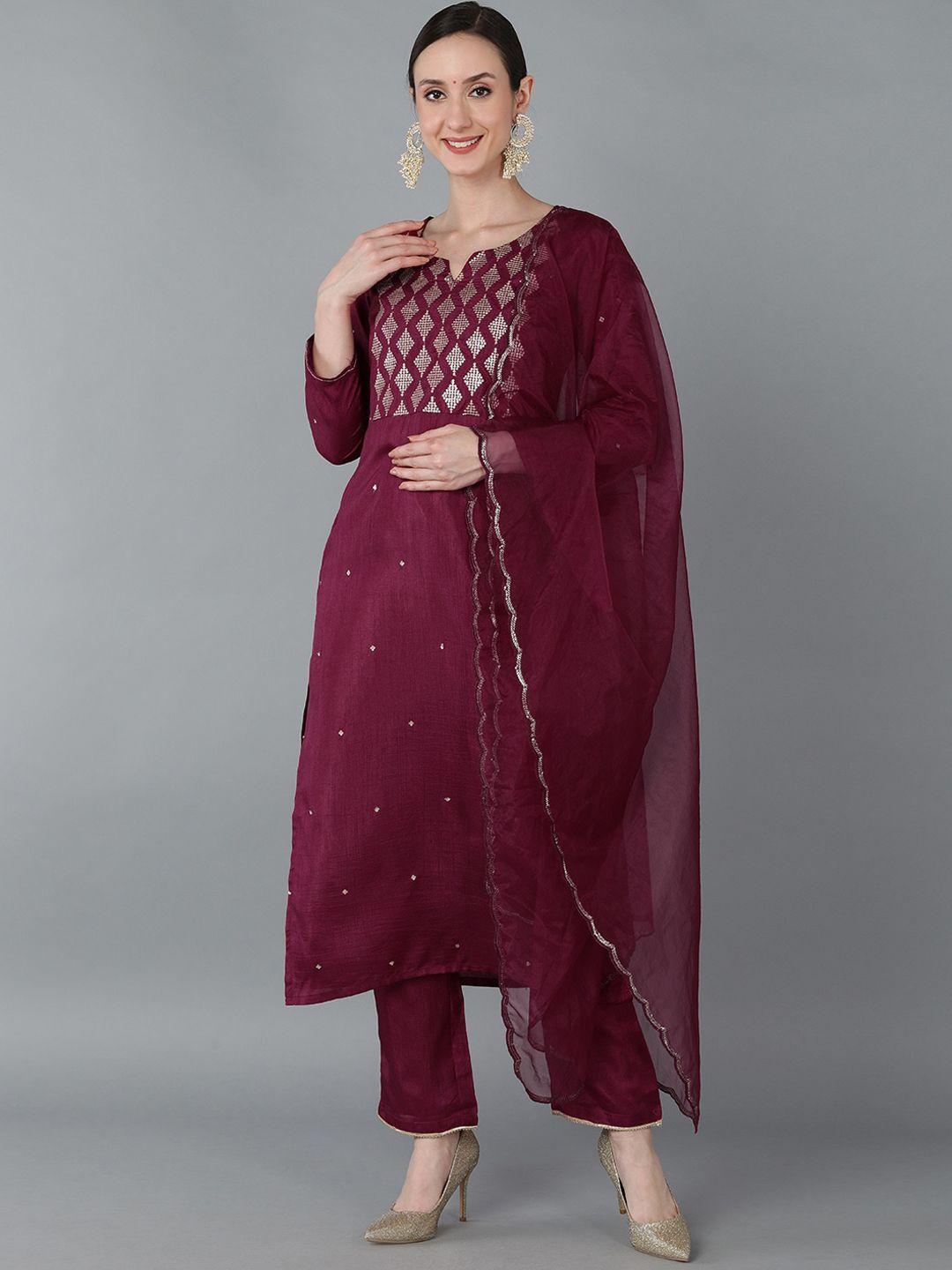 ahika women burgundy yoke design sequinned kurta with trousers & with dupatta