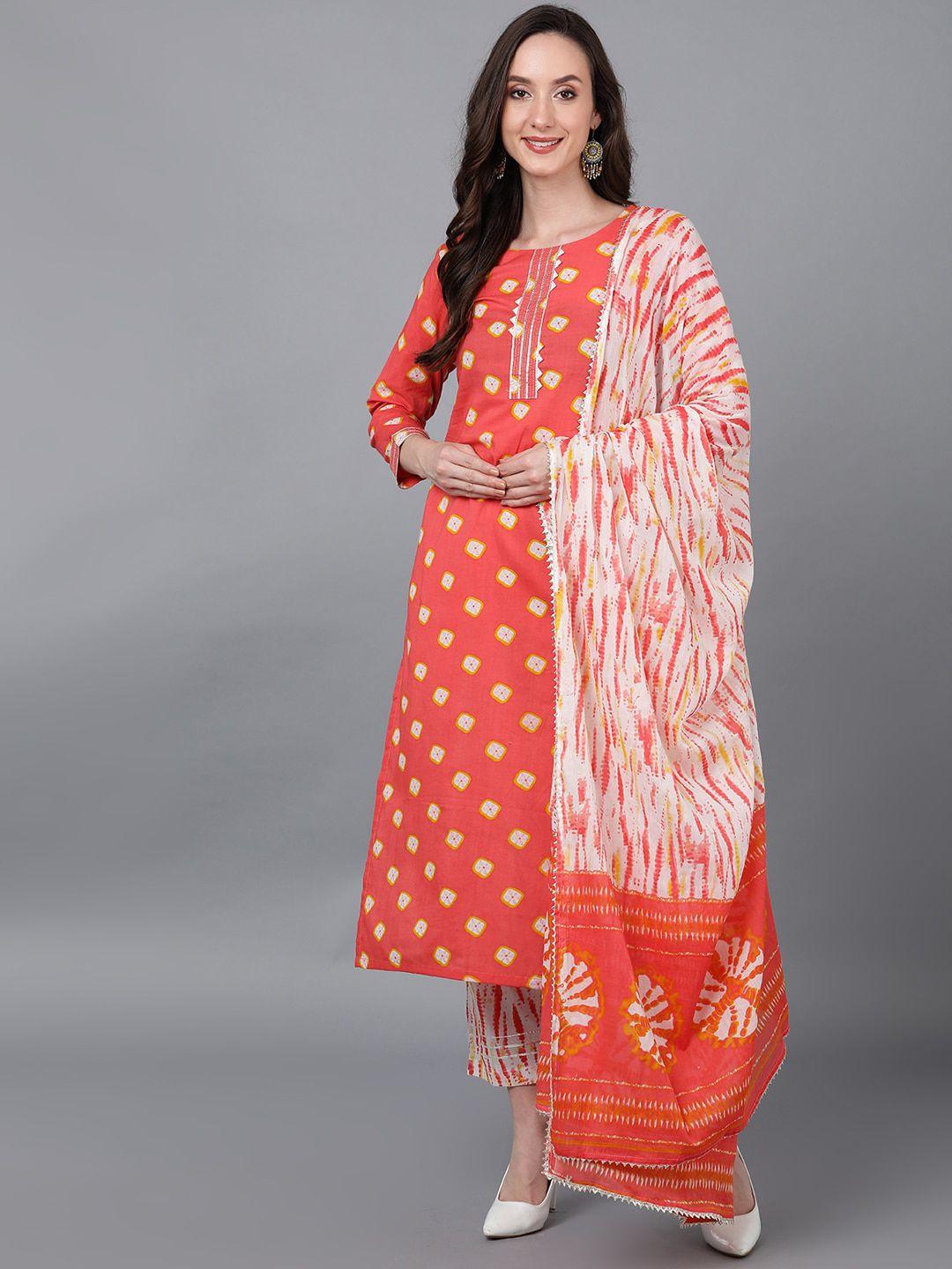 ahika women coral & off white printed cotton straight kurta with trousers & with dupatta