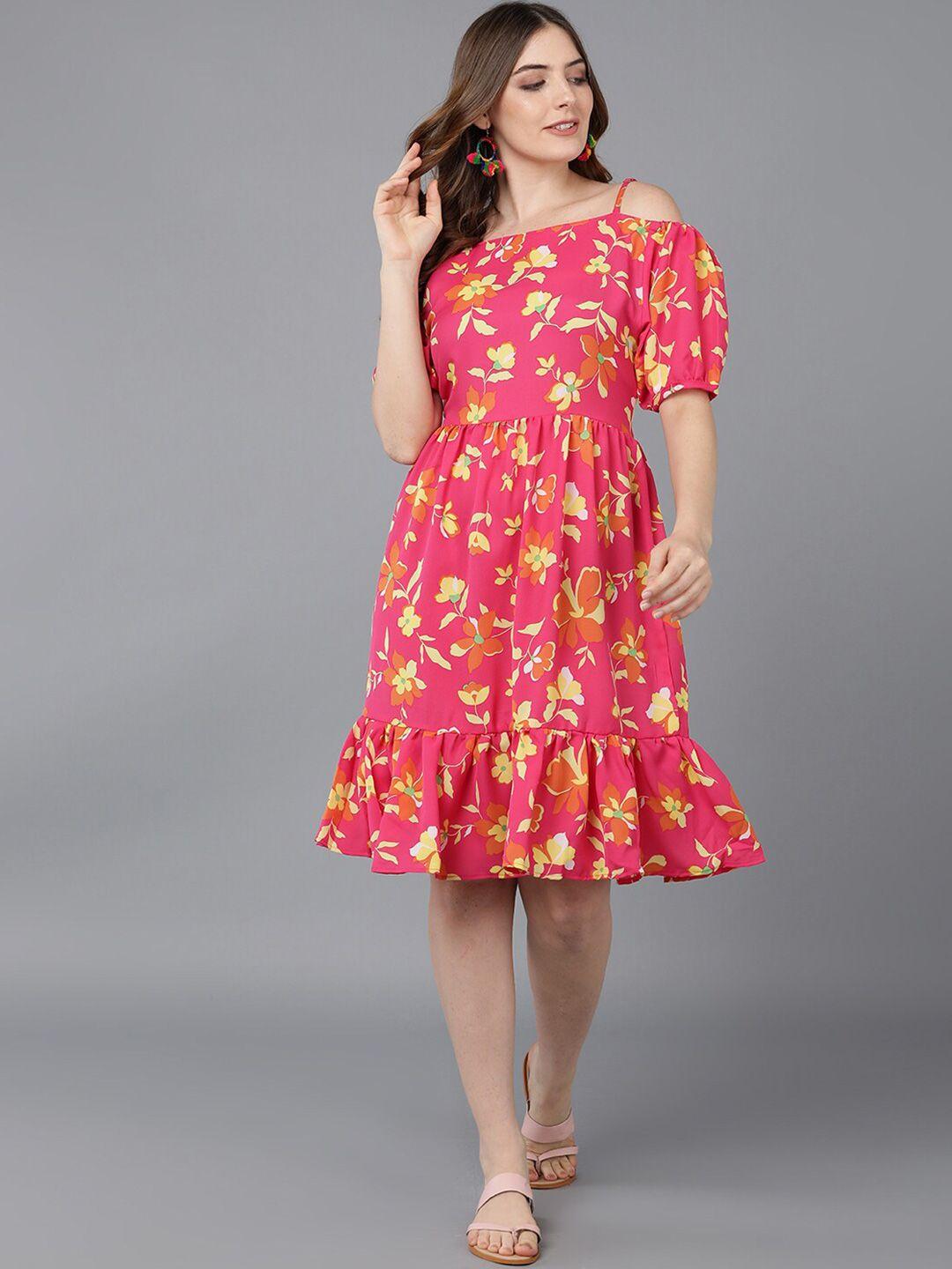 ahika women coral & yellow floral printed off-shoulder fit and flare dress