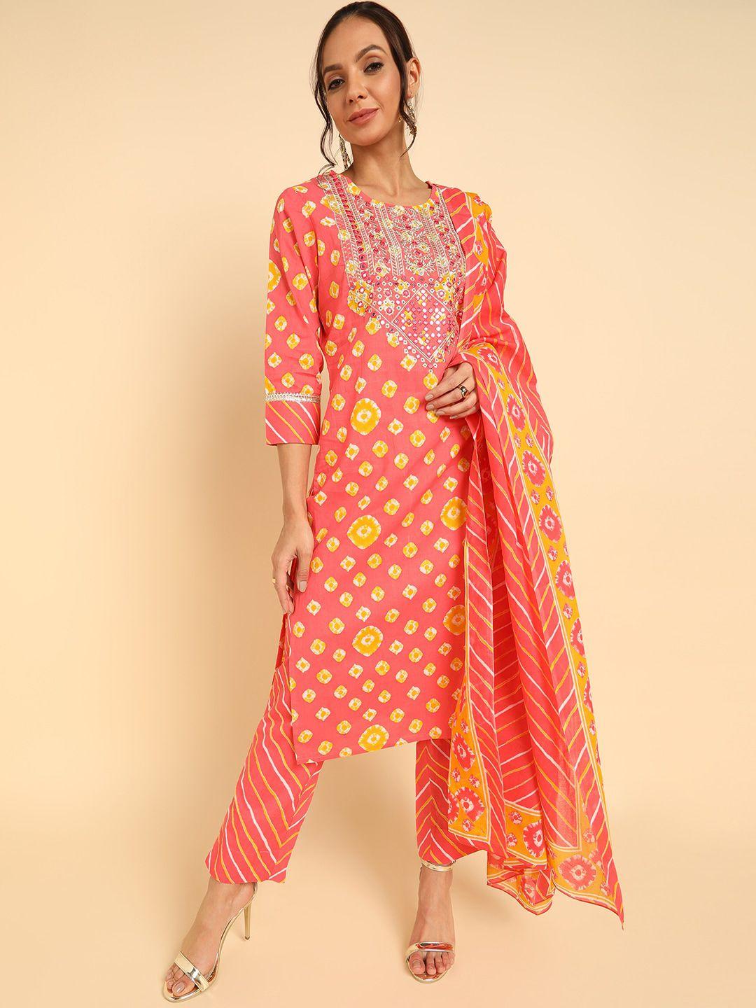 ahika women coral bandhani printed thread work pure cotton kurta with trousers & with dupatta