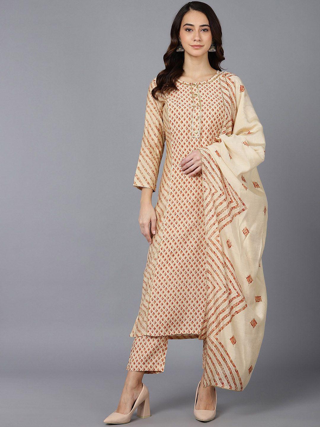 ahika women cream-coloured ethnic motifs printed kurta with trousers & with dupatta