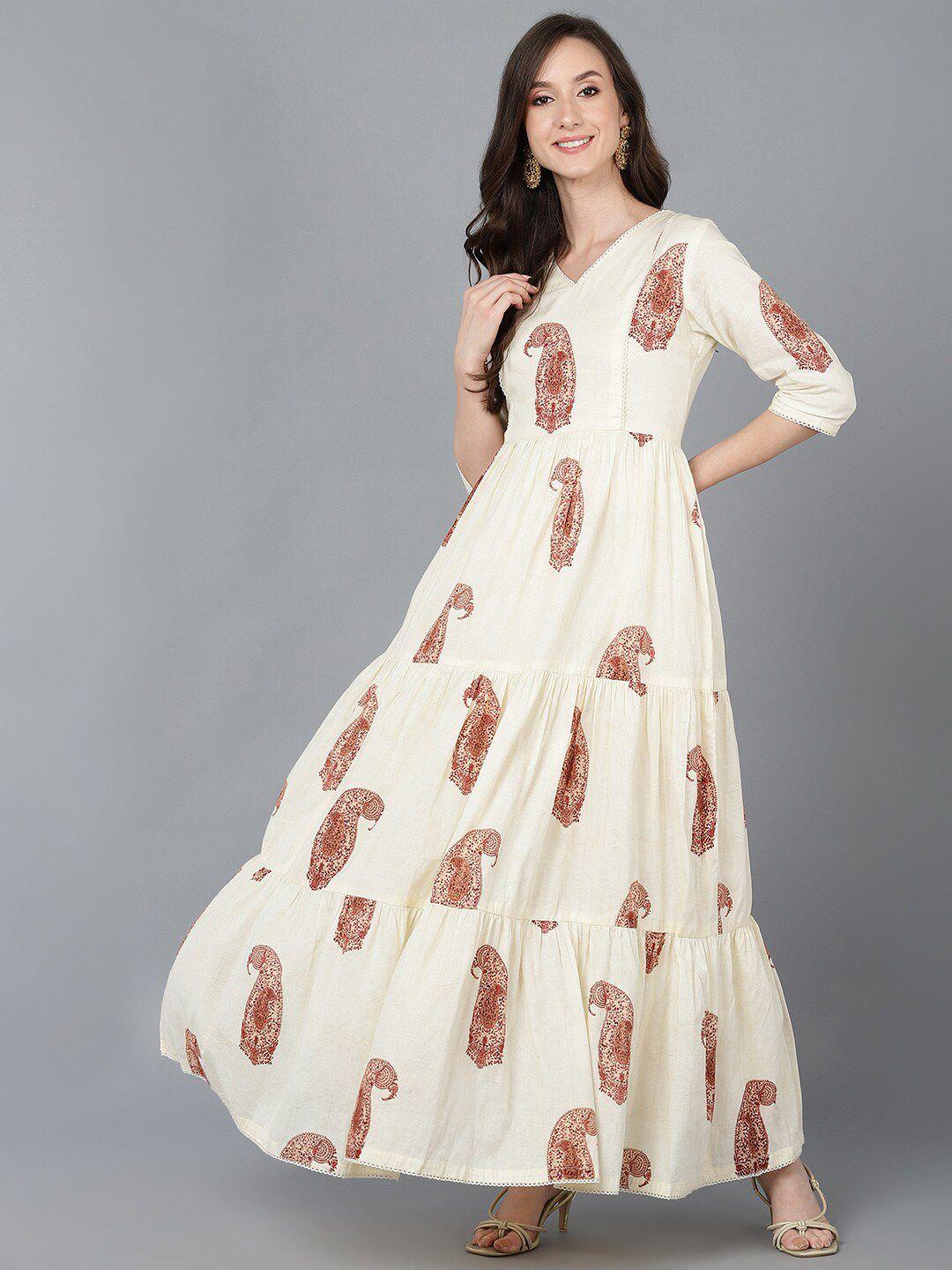 ahika women cream-coloured ethnic motifs printed tiered maxi dress