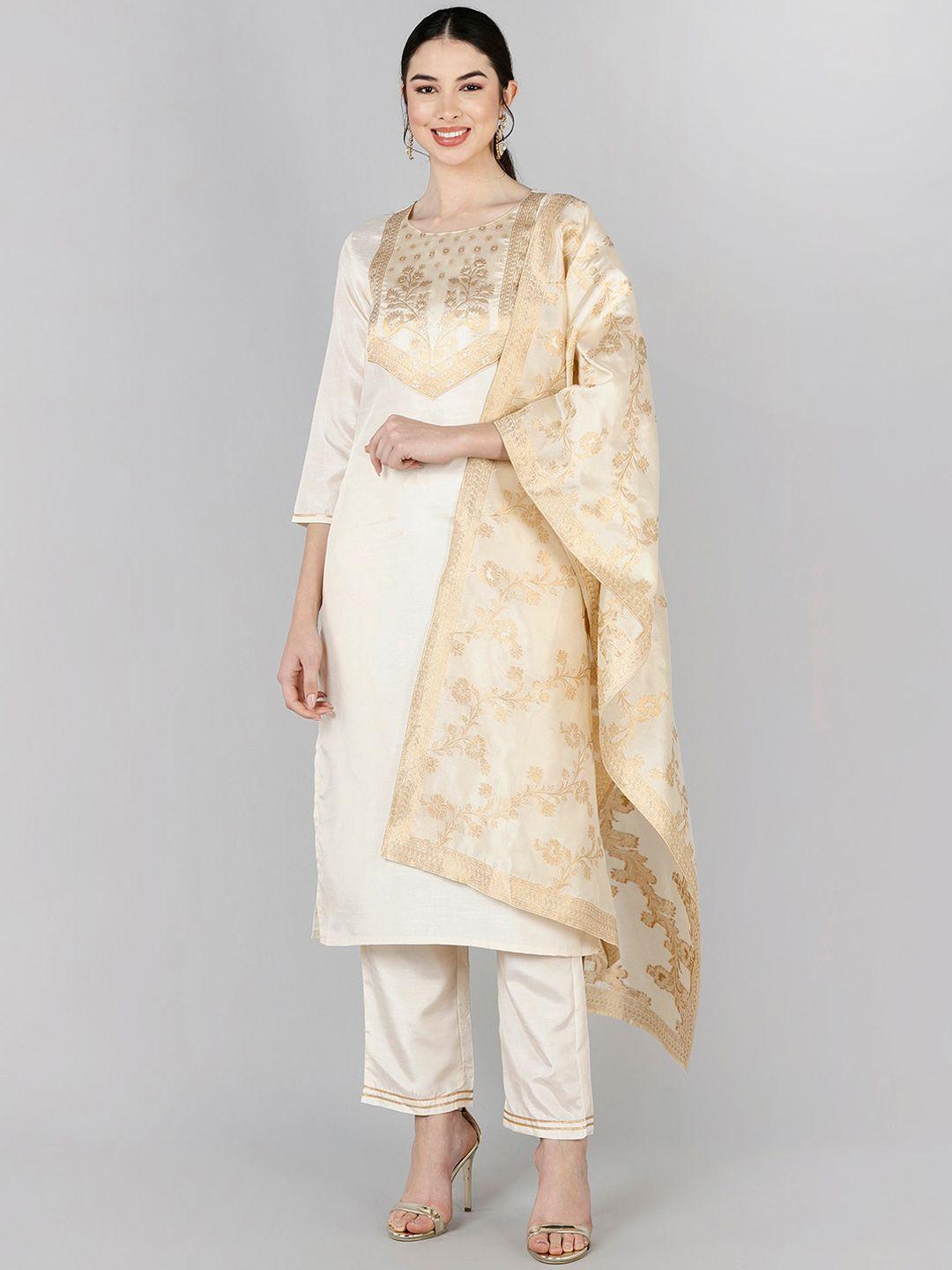 ahika women cream-coloured floral embroidered kurti with trousers & with dupatta