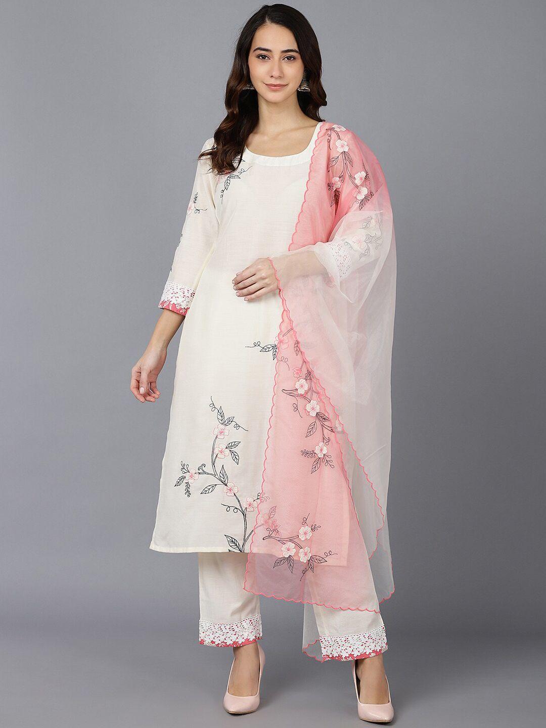 ahika women cream-coloured floral printed kurta with trousers & dupatta