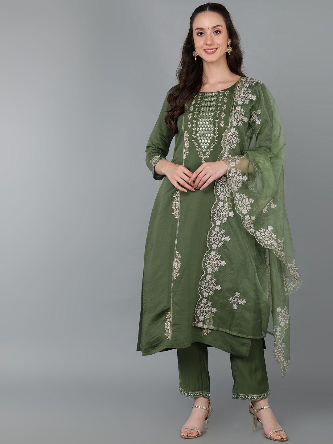 ahika women ethnic motifs embroidered mirror work kurta with trousers & dupatta