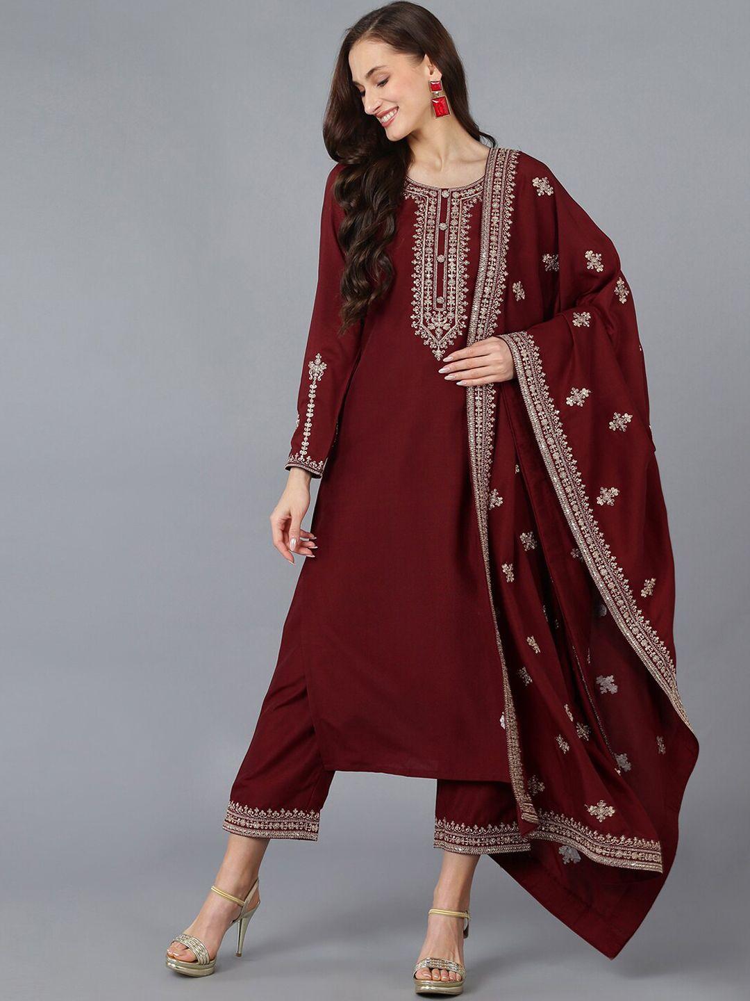 ahika women ethnic motifs embroidered thread work kurta with trousers & with dupatta