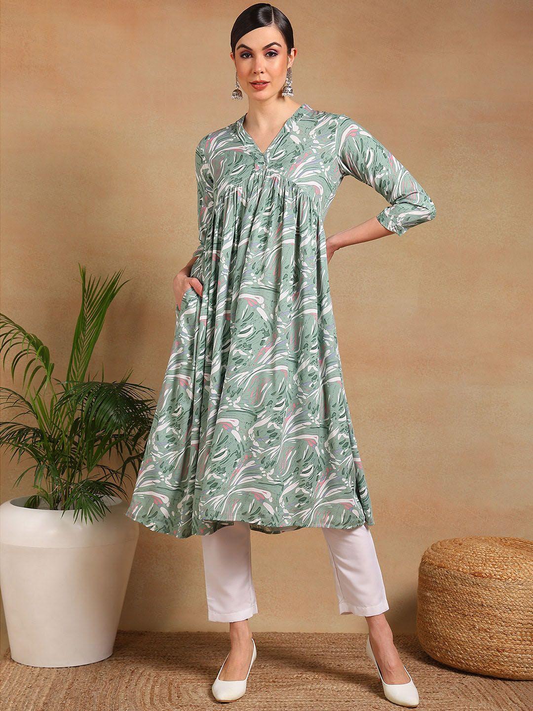 ahika women ethnic motifs printed flared sleeves mirror work kurta