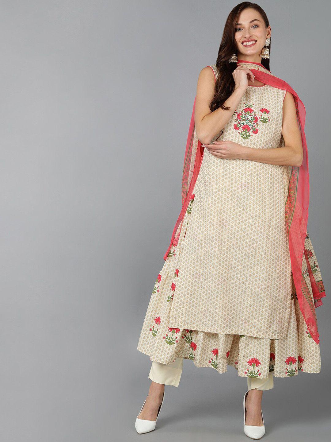 ahika women ethnic motifs printed layered kurta with trousers & dupatta