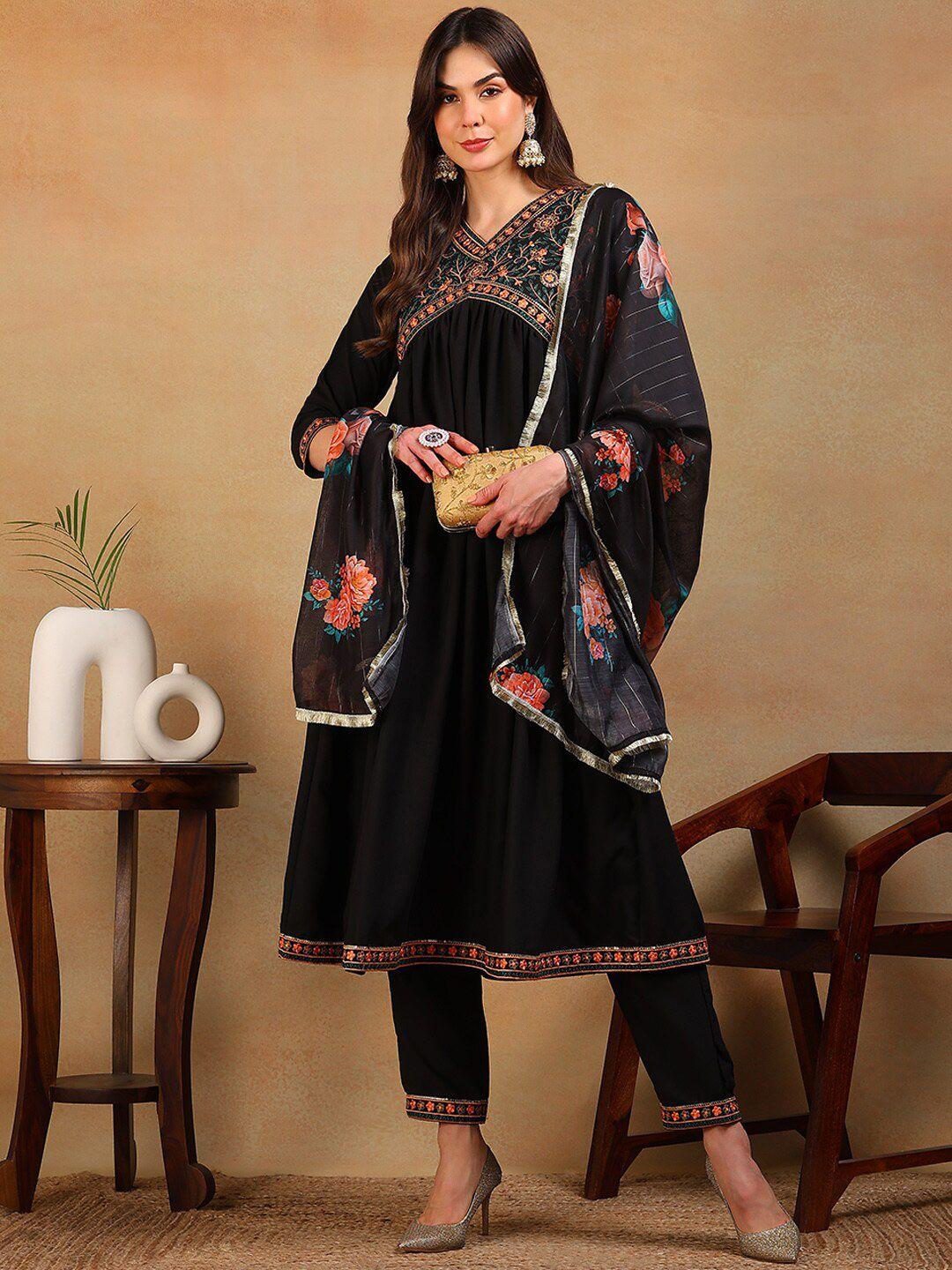 ahika women floral embroidered empire thread work kurta with trousers & with dupatta