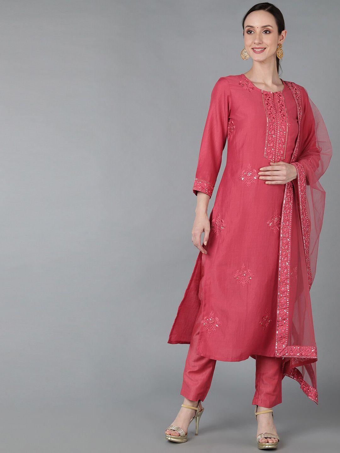 ahika women floral embroidered sequinned kurta with trousers & dupatta