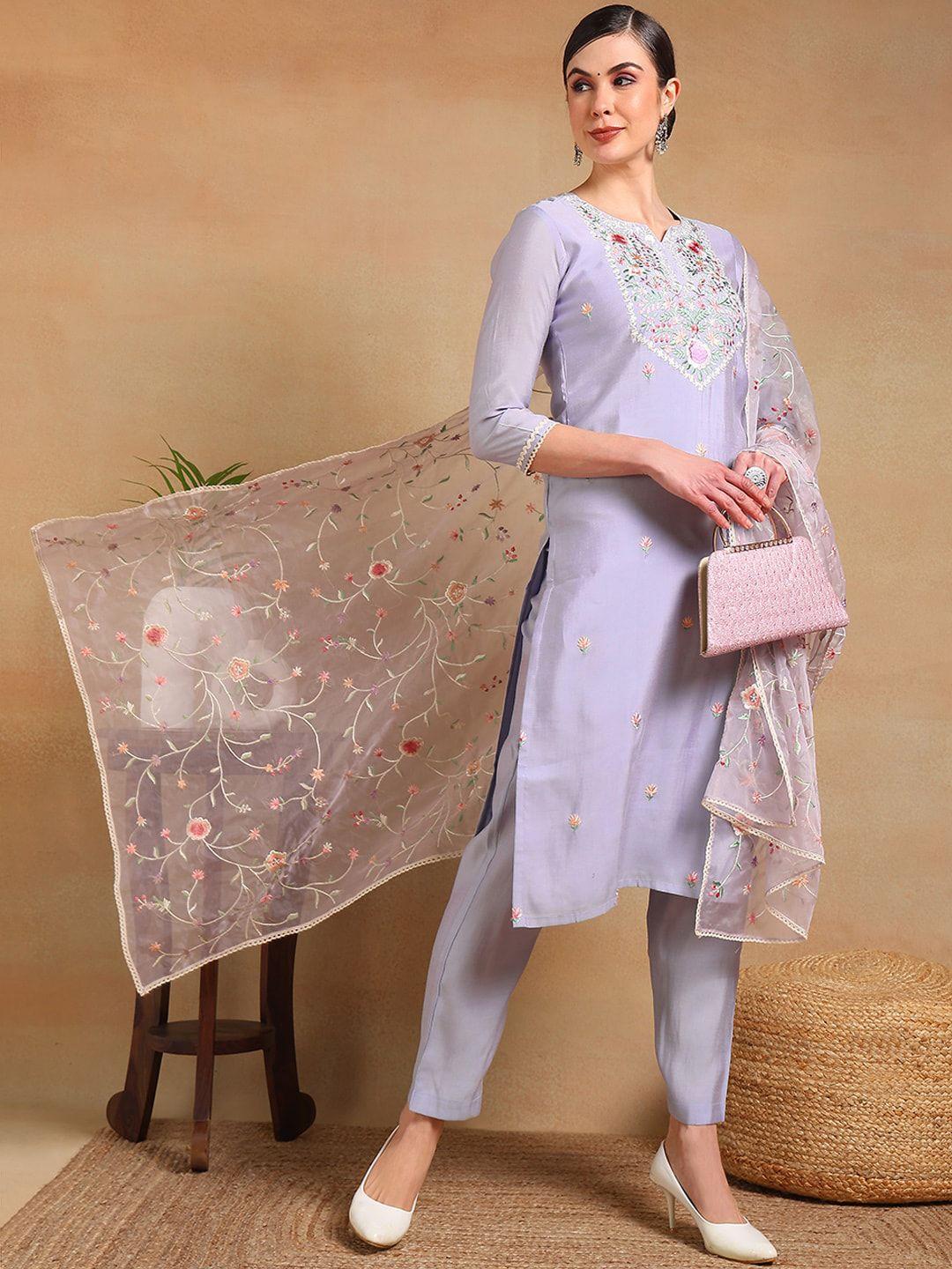 ahika women floral embroidered thread work kurta with trousers & dupatta
