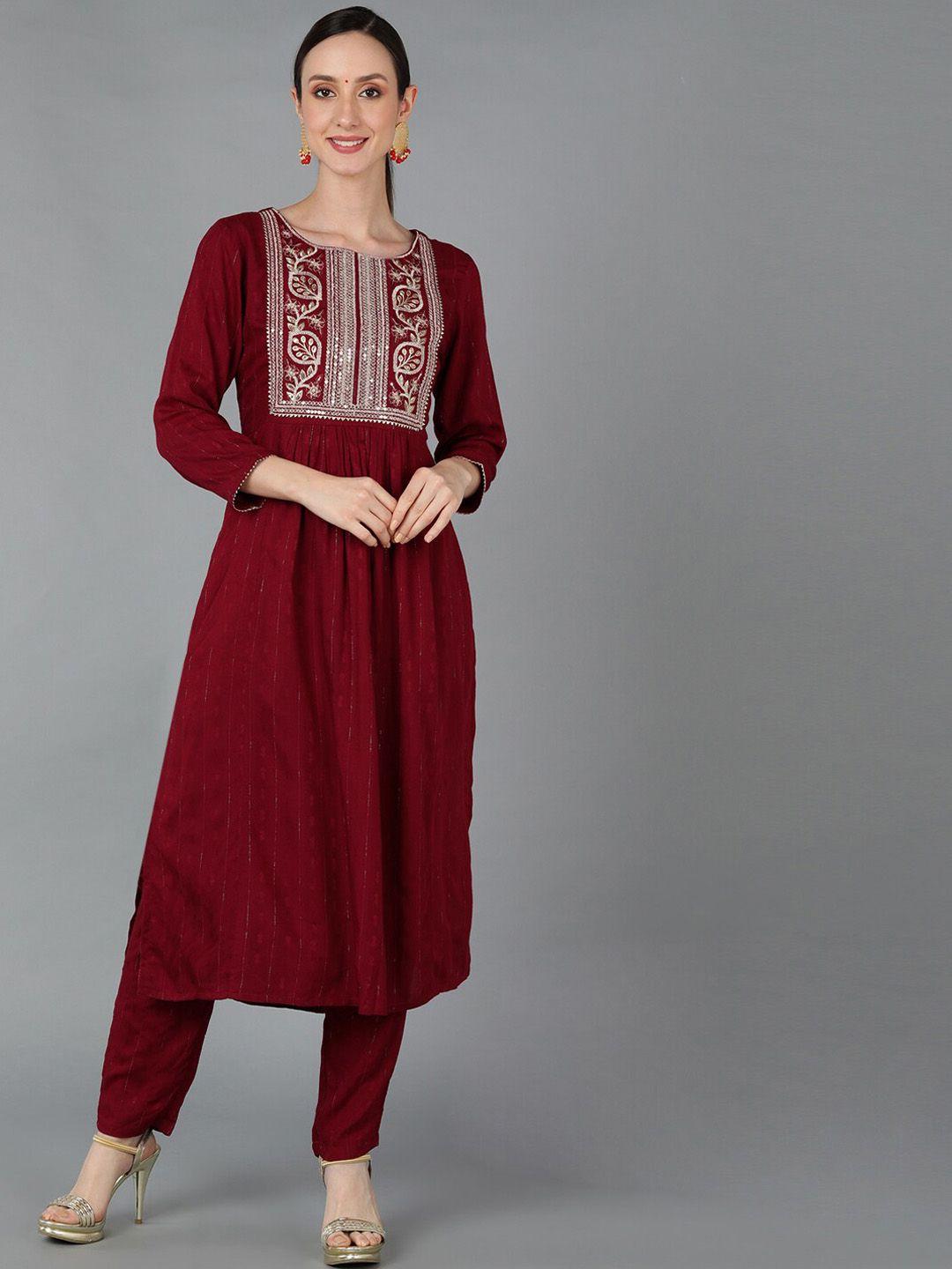 ahika women floral yoke design pleated sequinned kurta with trousers
