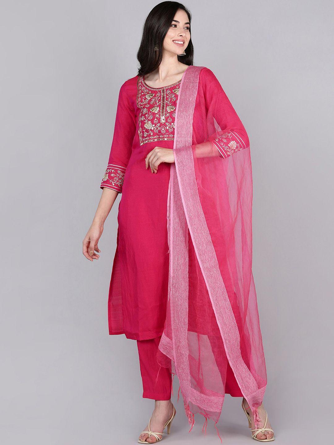 ahika women fuchsia floral yoke design thread work kurta with trousers & with dupatta