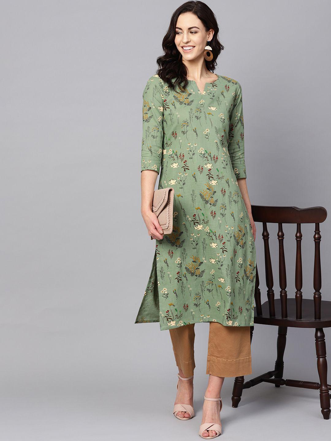 ahika women green & beige floral printed straight kurta