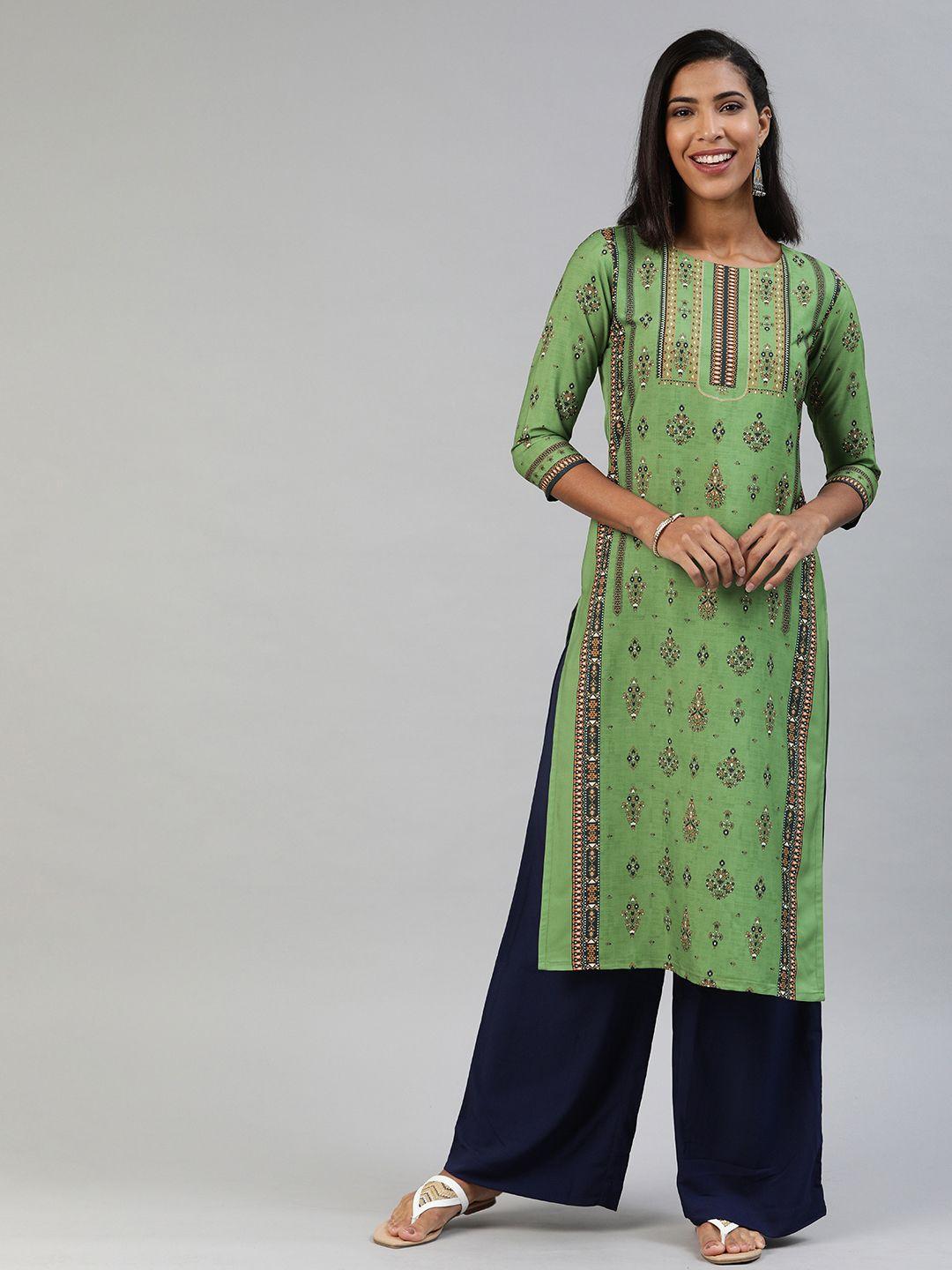 ahika women green & navy blue printed straight kurta