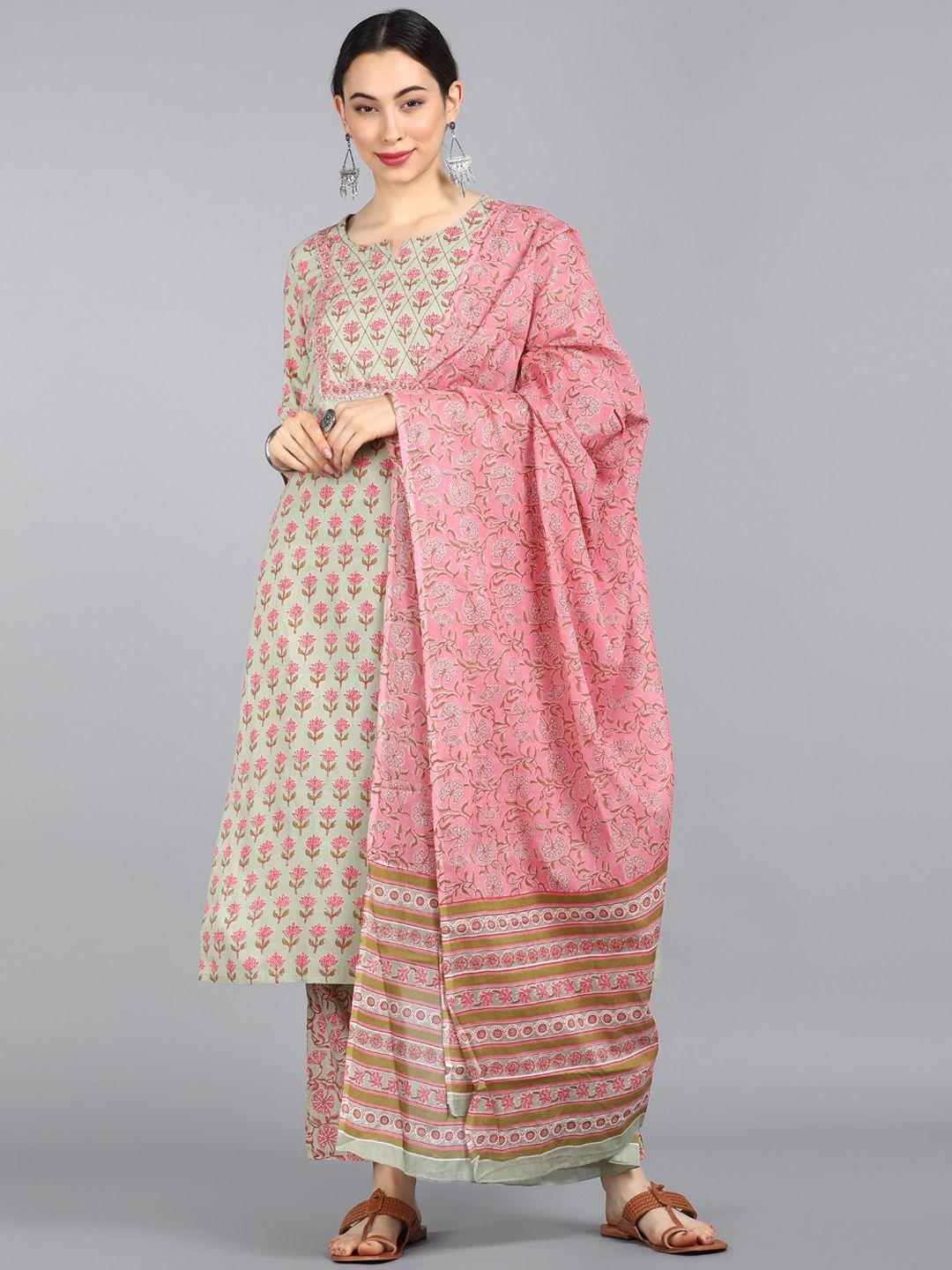 ahika women green & pink ethnic motifs printed  pure cotton kurta with palazzos & dupatta