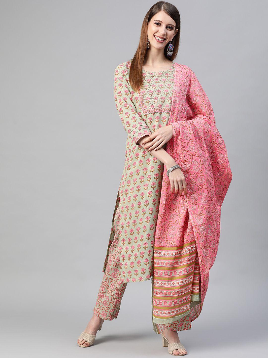 ahika women green & pink floral printed pure cotton kurta with trousers & dupatta