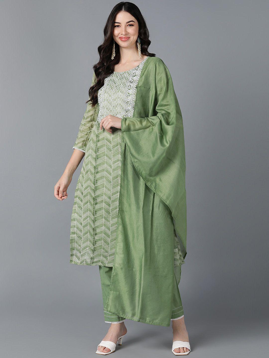 ahika women green embroidered pleated kurta with trousers & with dupatta