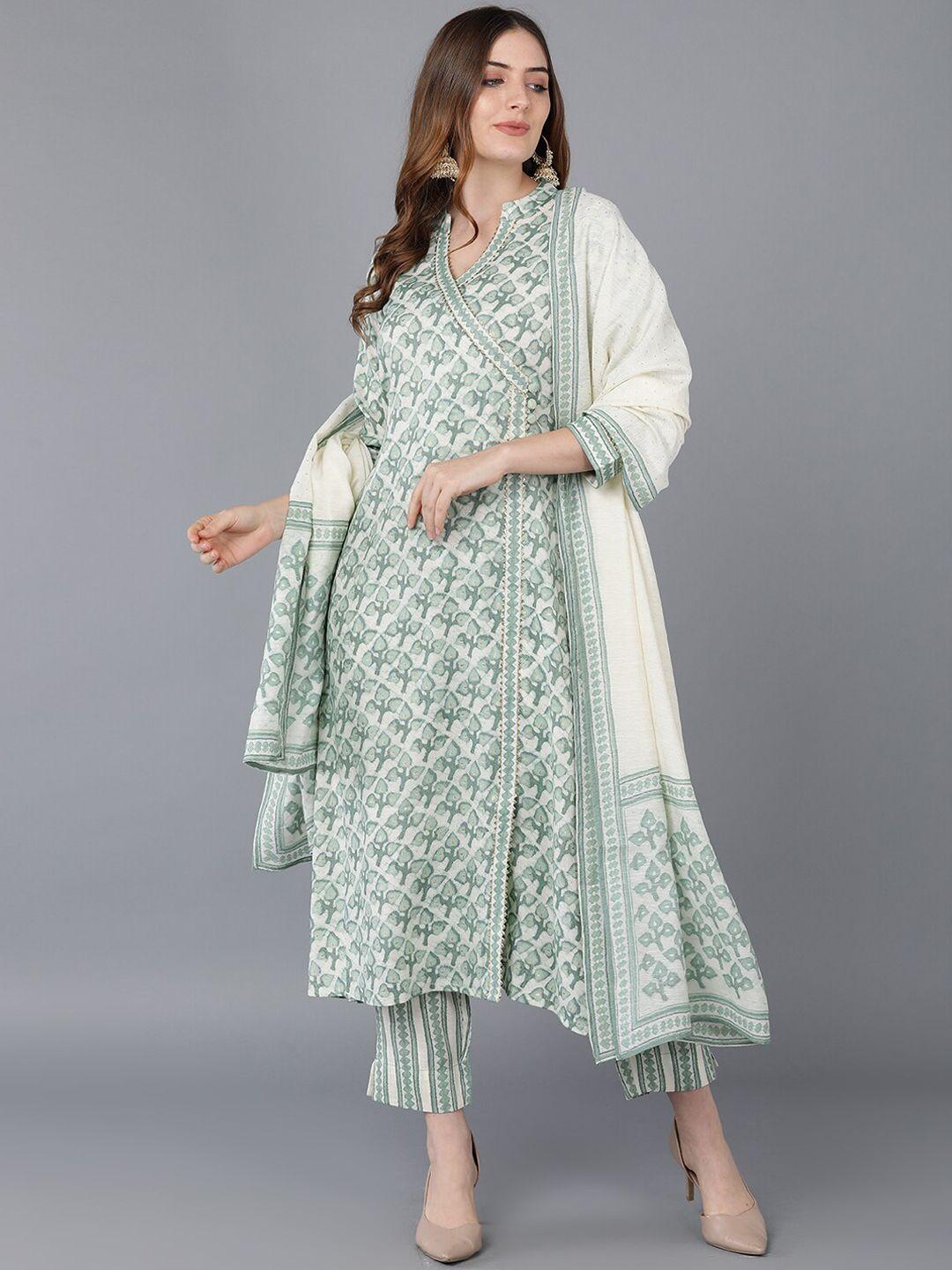 ahika women green ethnic motifs printed angrakha kurta with trousers & with dupatta