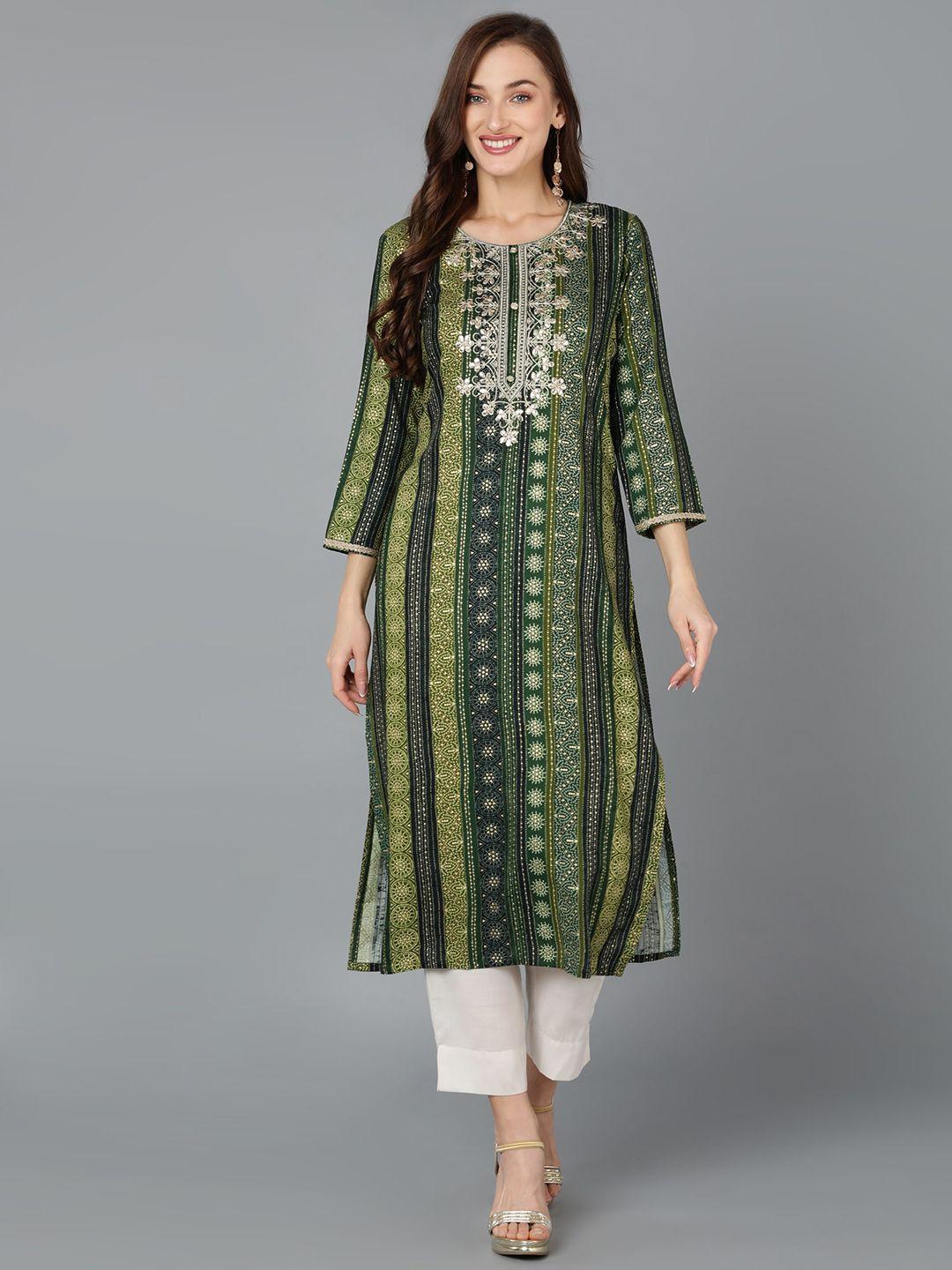 ahika women green ethnic motifs printed keyhole neck sequinned kurta