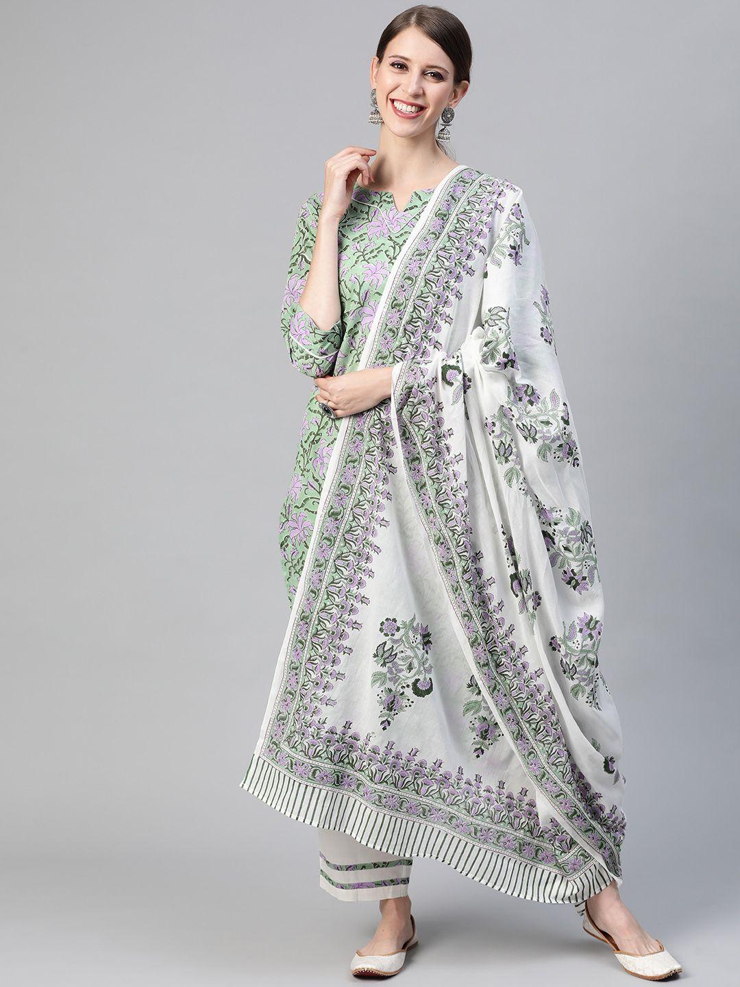 ahika women green ethnic motifs printed pure cotton kurta with palazzos & with dupatta