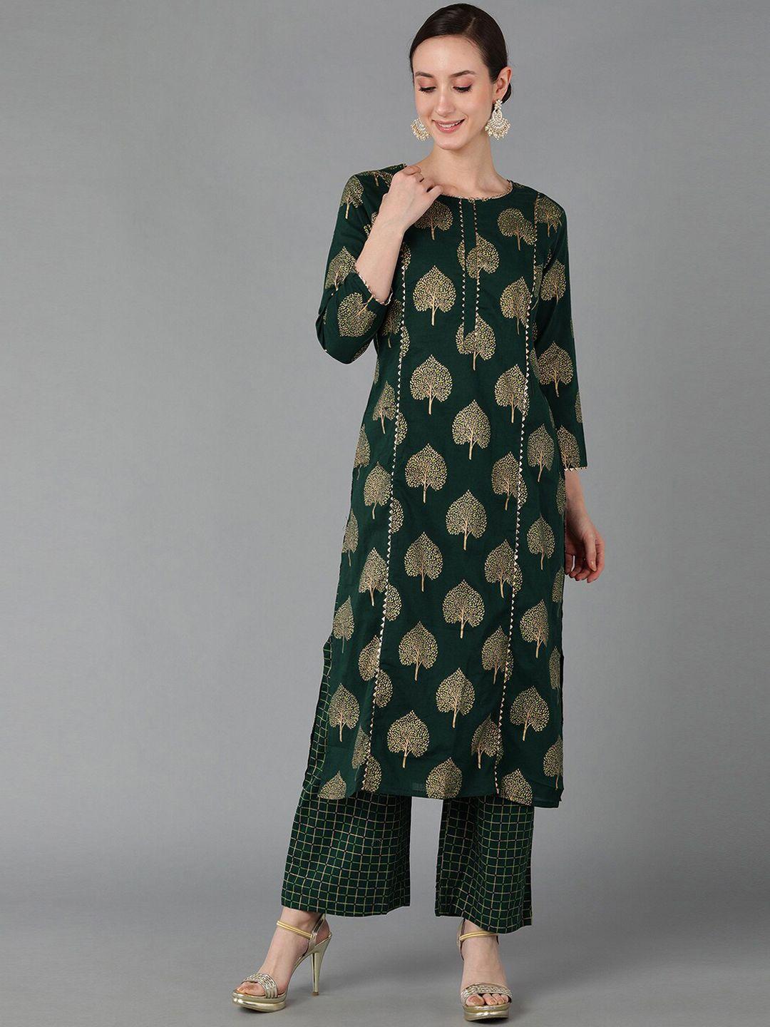 ahika women green ethnic motifs printed pure cotton kurta with palazzos