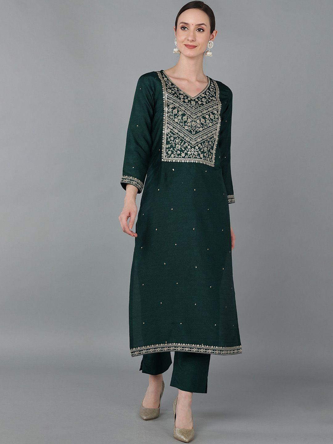 ahika women green ethnic motifs sequinned embellished kurta