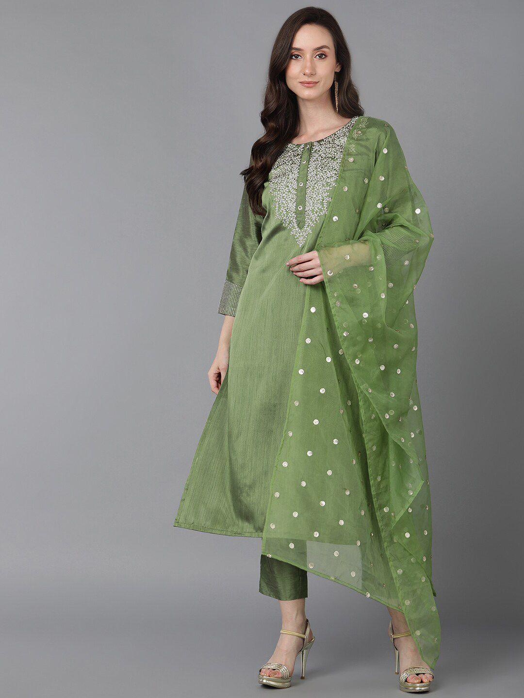 ahika women green floral embroidered kurta with trousers & with dupatta