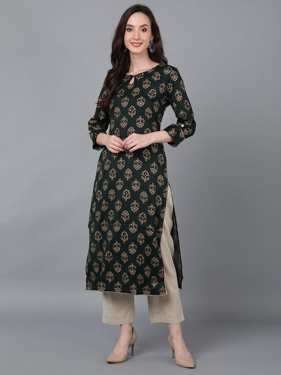 ahika women green floral printed keyhole neck kurta