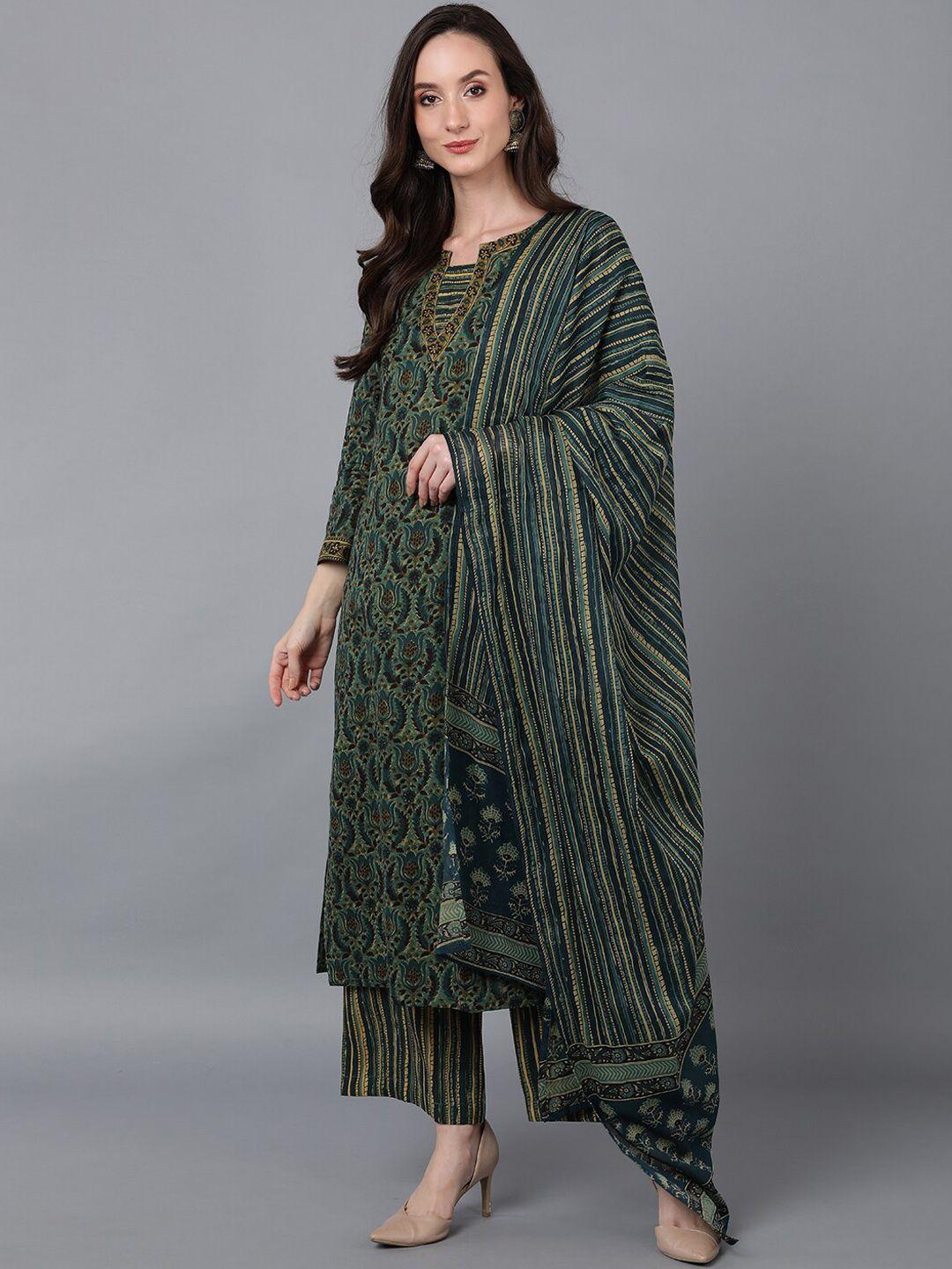 ahika women green floral printed pure cotton kurta with palazzos & with dupatta