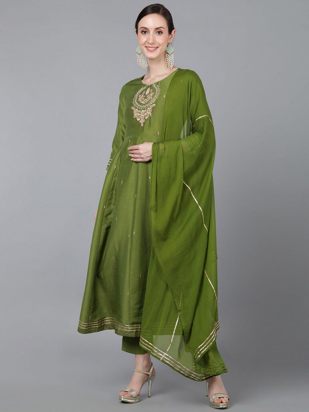 ahika women green floral yoke design anarkali kurta with trouser with dupatta