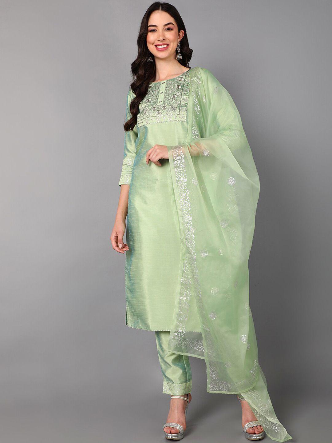 ahika women green floral yoke design panelled kurti with trousers & with dupatta