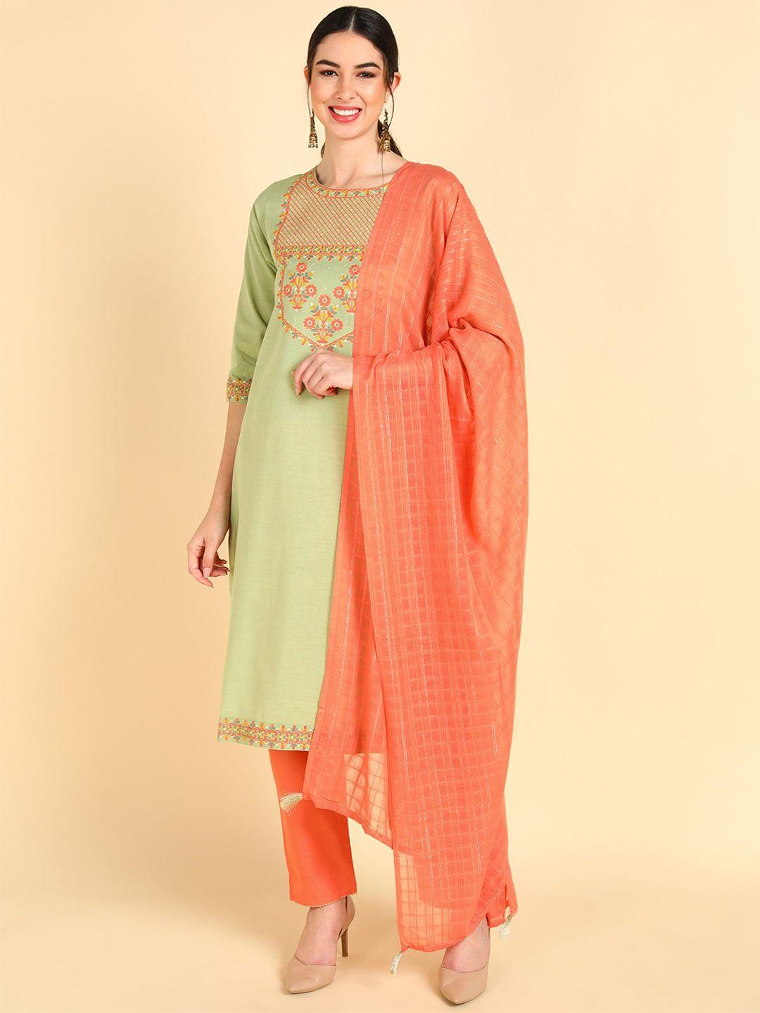 ahika women green floral yoke design pure cotton kurta with trousers & with dupatta