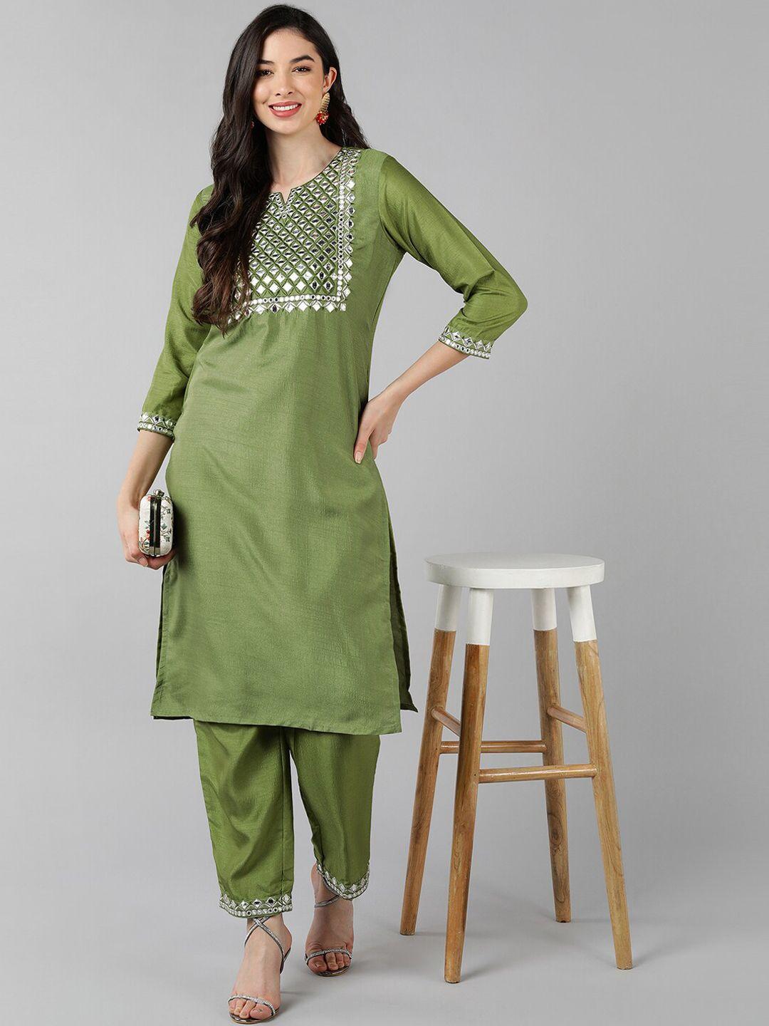 ahika women green mirror work kurta with trousers & with dupatta