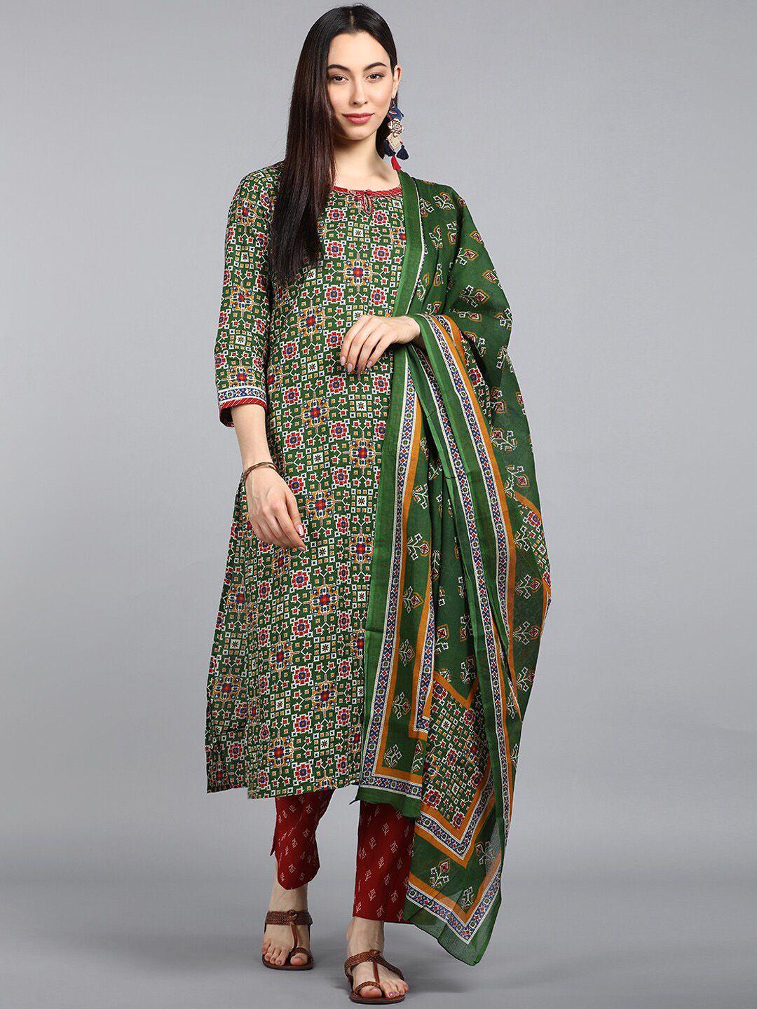 ahika women green printed regular pure cotton kurta with trousers & with dupatta