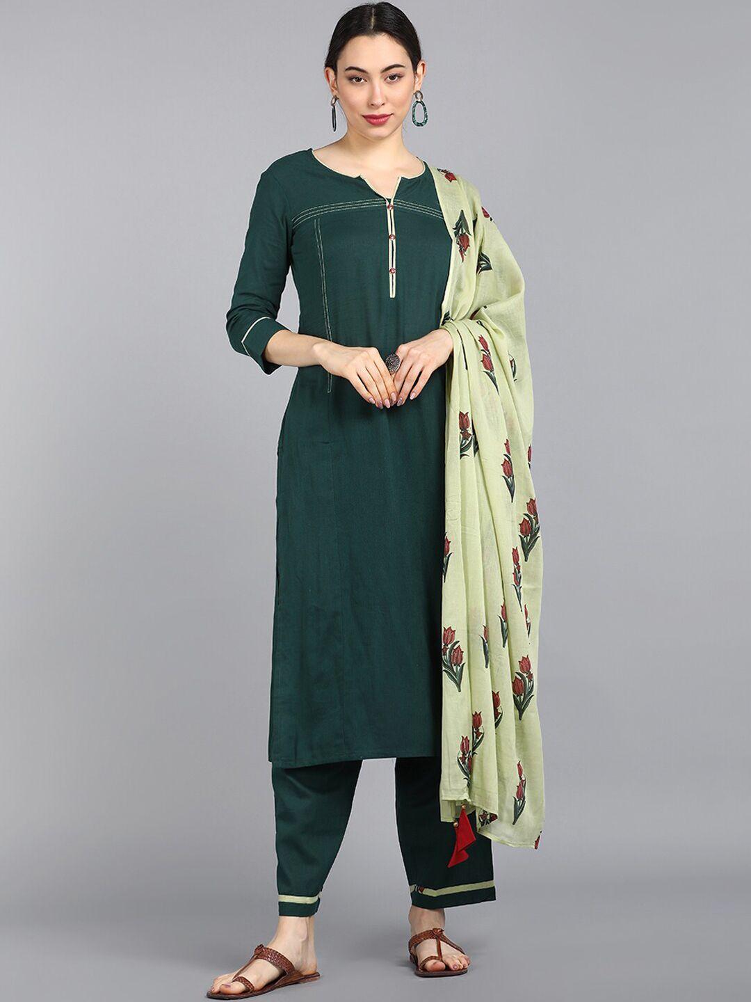 ahika women green solid regular pure cotton kurta with trousers & dupatta