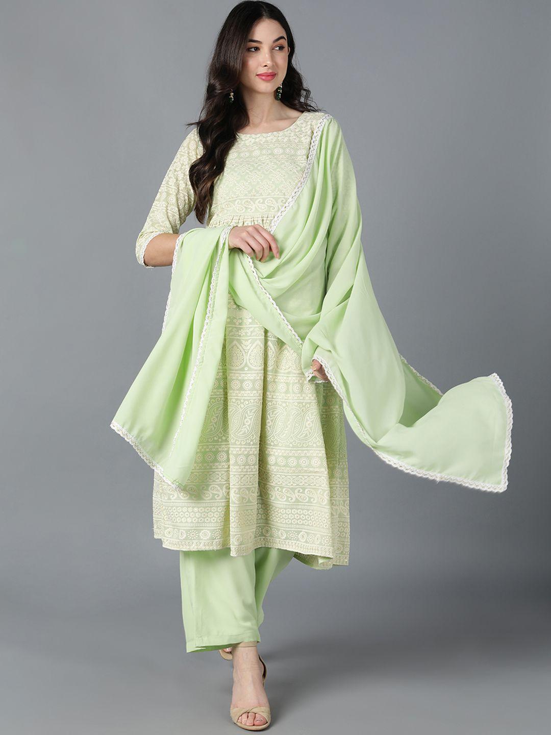 ahika women green yoke design panelled kurti with trousers & with dupatta