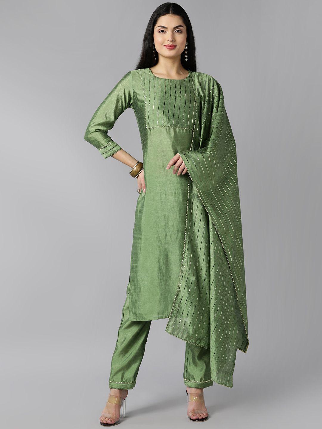 ahika women green yoke design regular kurta with trousers & with dupatta