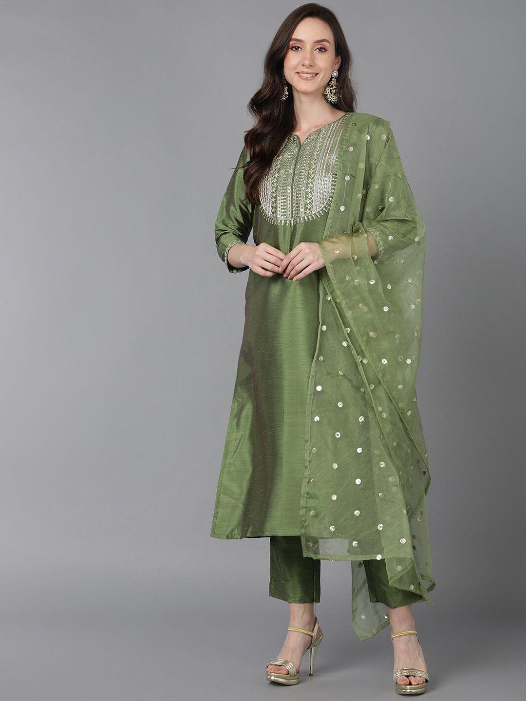 ahika women green yoke design sequinned kurta with trouser with dupatta