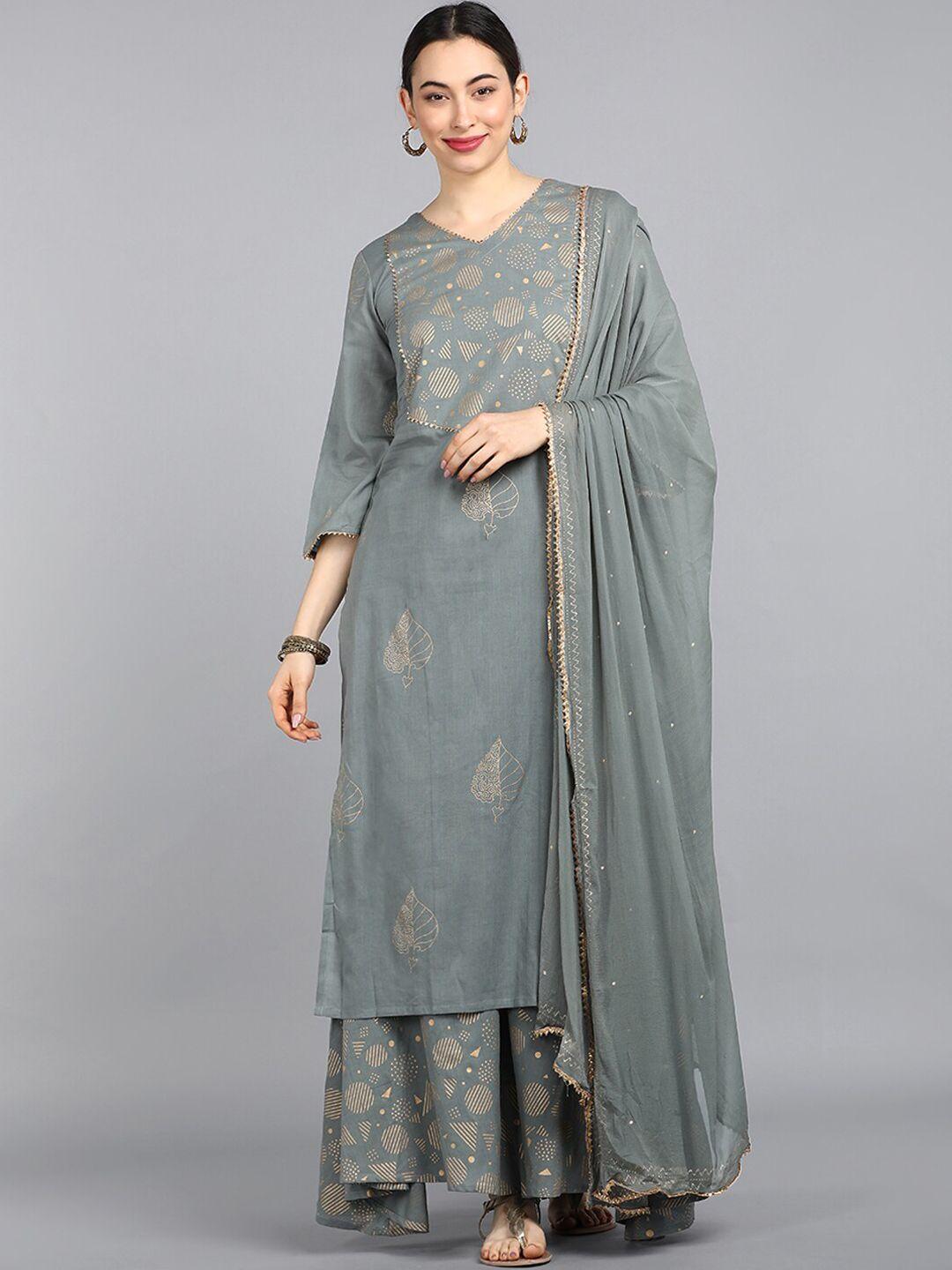 ahika women grey & gold-toned embroidered pure cotton kurta with palazzos & dupatta