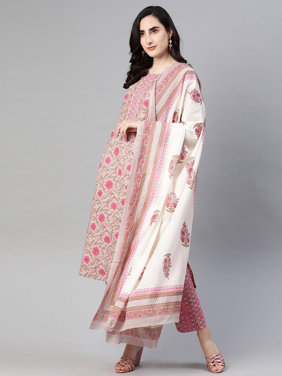 ahika women grey & pink printed pure cotton kurta with trousers & dupatta