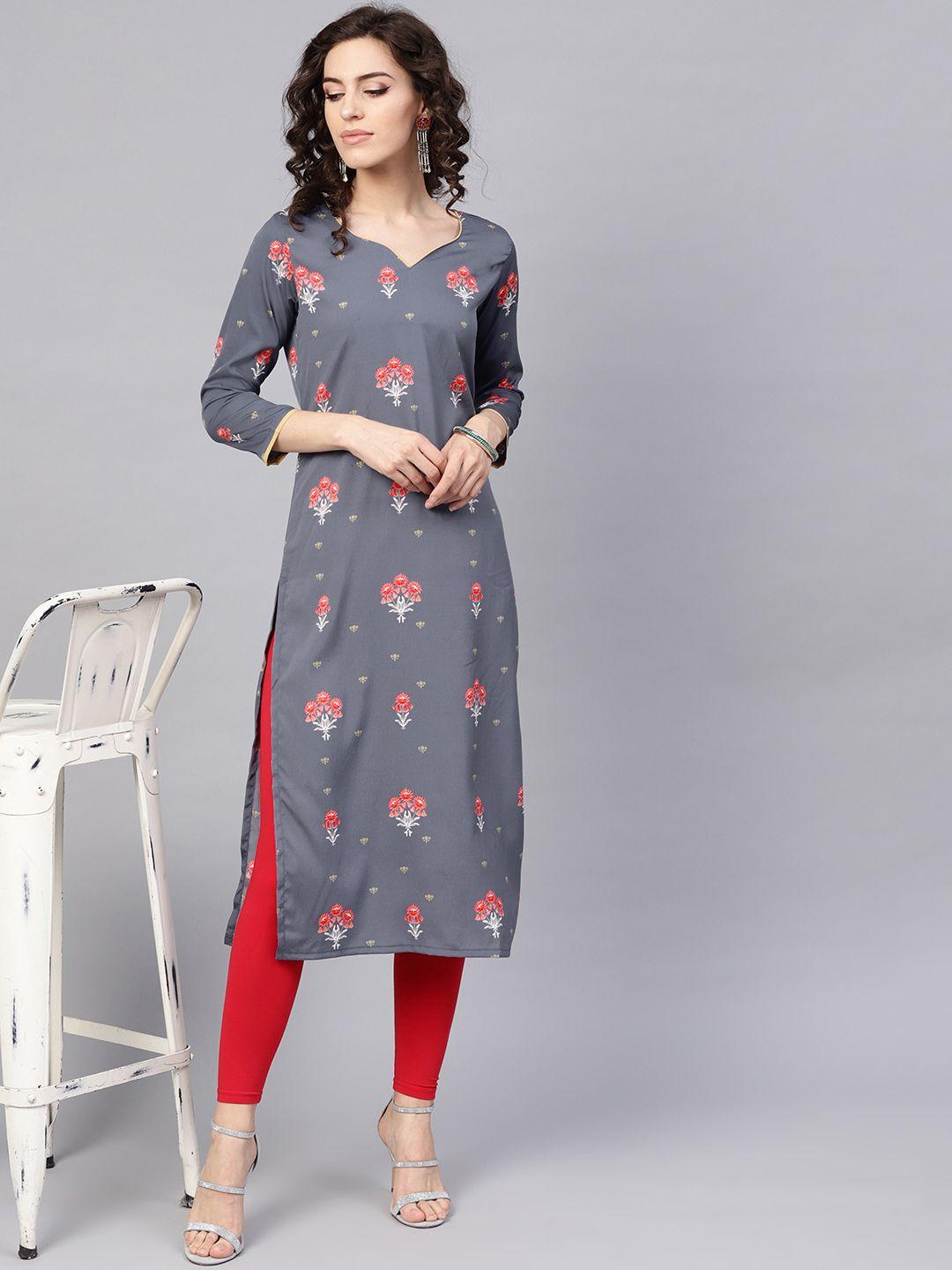 ahika women grey & pink printed straight kurta