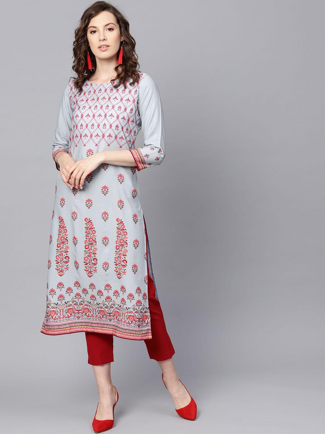 ahika women grey & red printed straight kurta