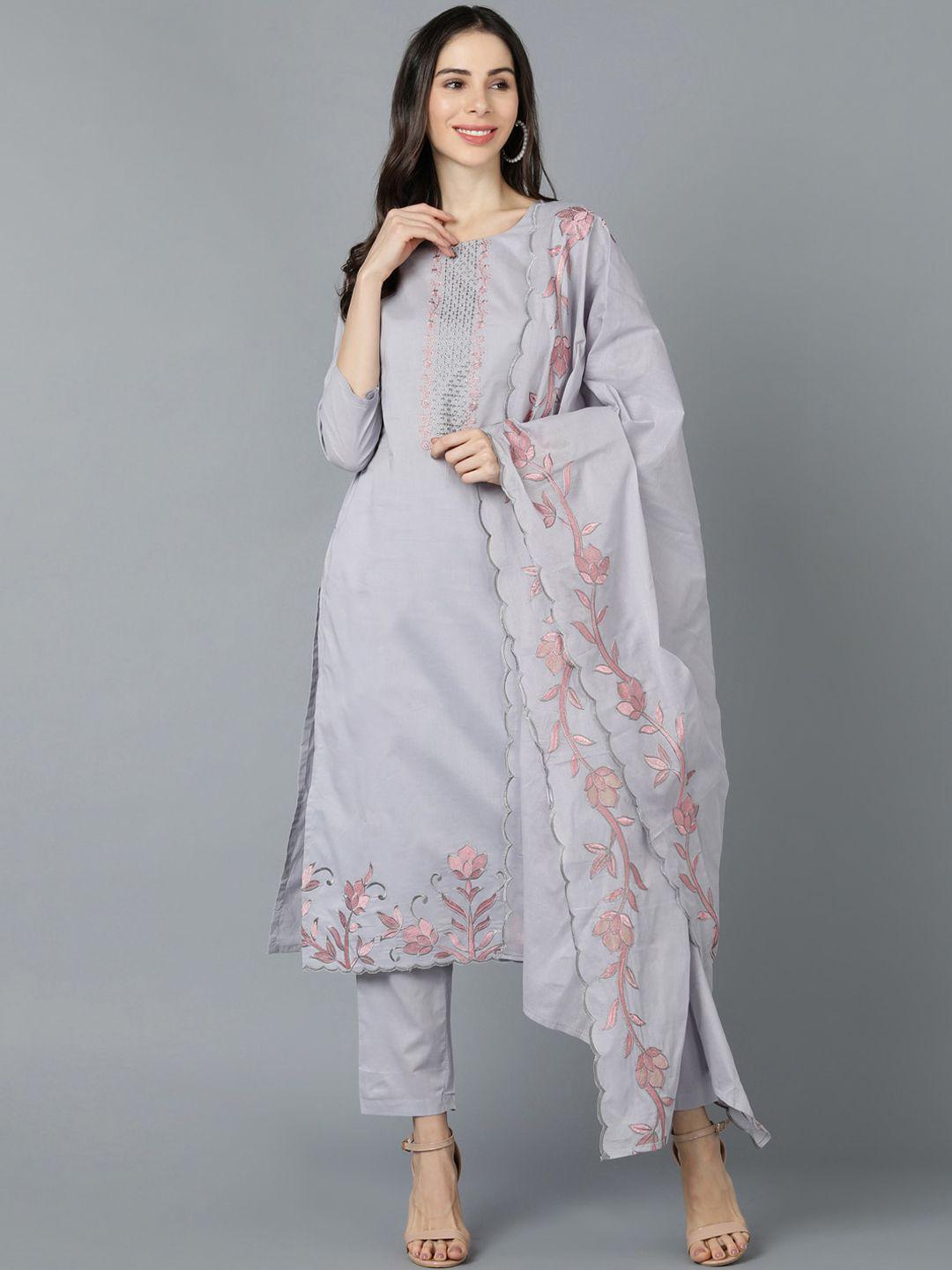 ahika women grey ethnic motifs embroidered layered kurti with trousers & with dupatta