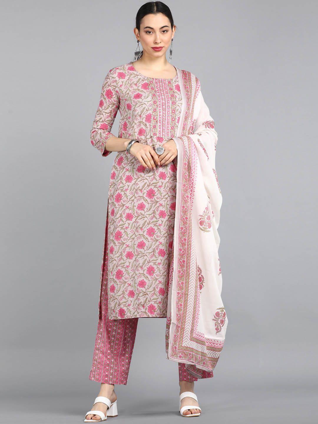 ahika women grey floral embroidered regular pure cotton kurta with trousers & with dupatta