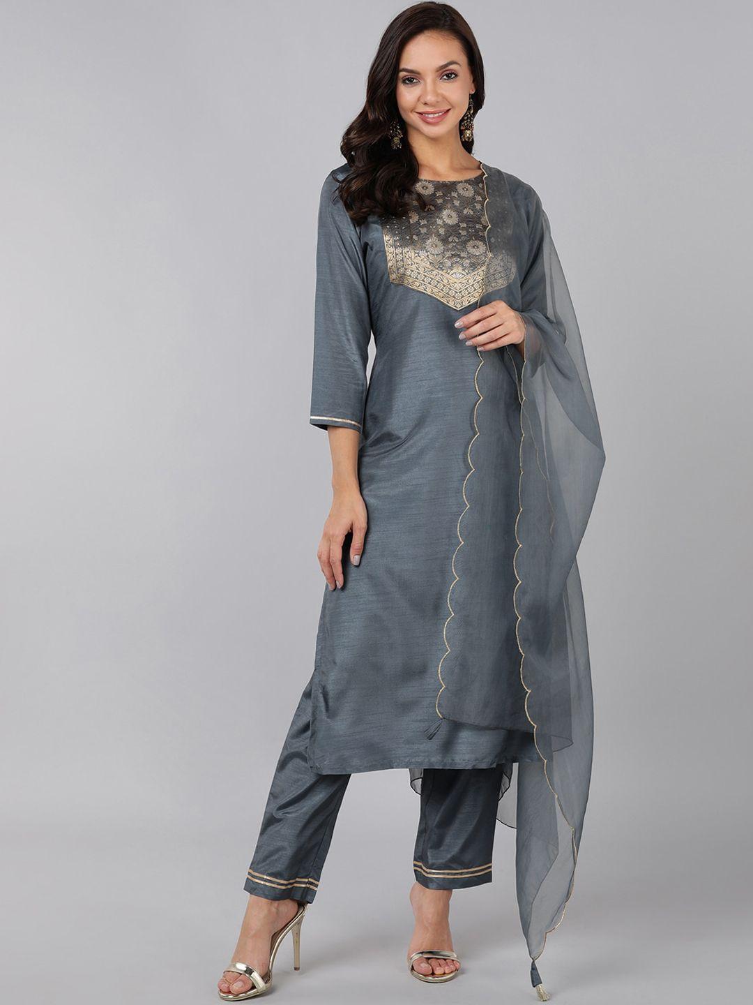 ahika women grey floral kurta with trousers & dupatta